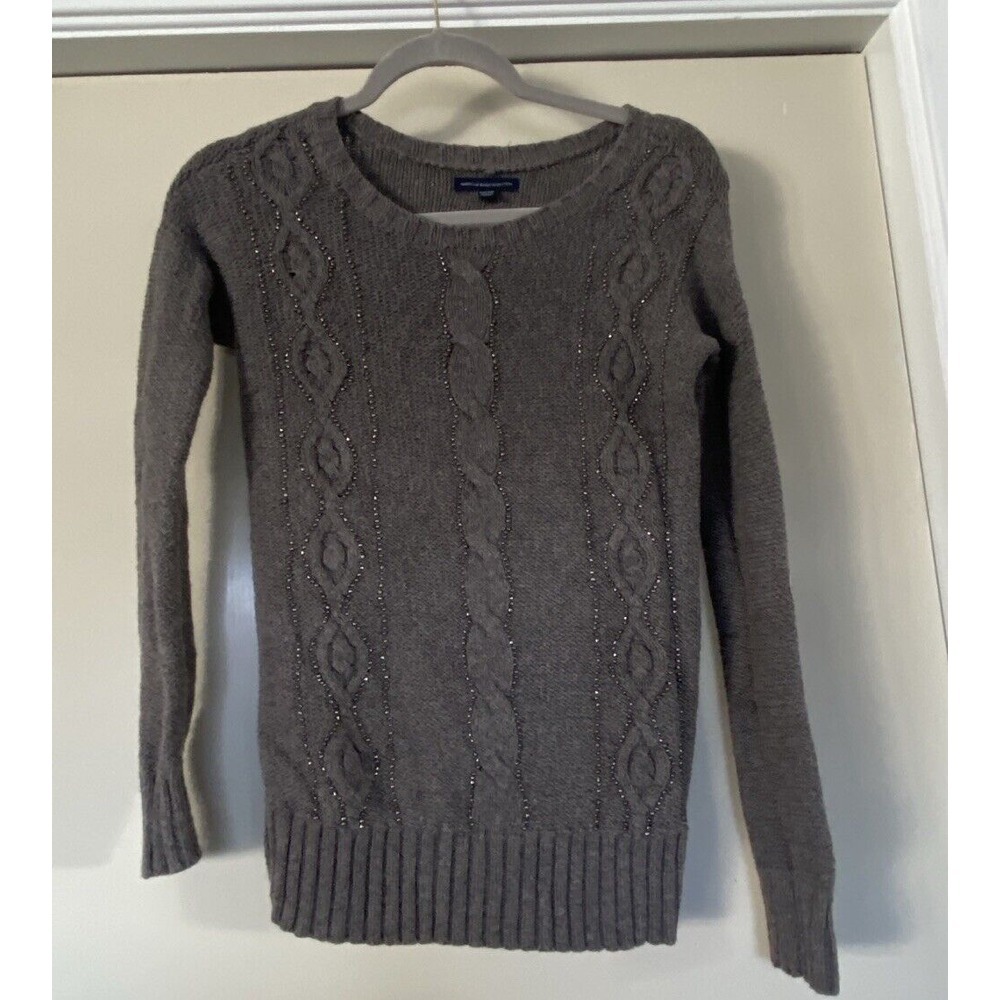 American Eagle Women's Gray Beaded Cable Sweater XXS Cotton Wool Blend